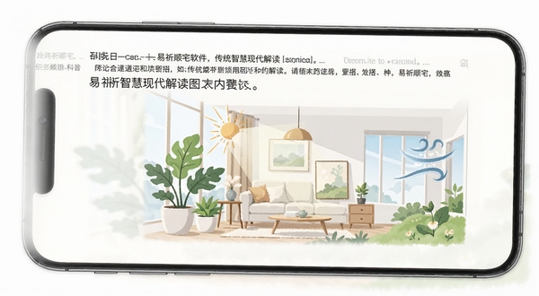 易祈顺宅软件中传统智慧现代解读的图文内容页,手机屏幕显示一段通俗易懂的文字说明配以简约的插画,插画内容为现代家居与自然元素的融合,如绿植、光线、通风示意,画面风格扁平化设计,背景干净明亮,突出易祈顺宅的知识科普属性