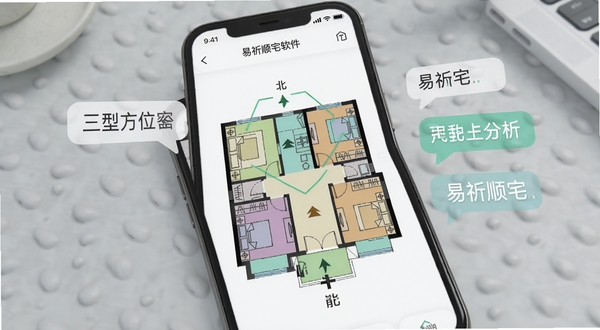 易祈顺宅软件内的户型方位解析功能界面,手机屏幕显示一个标准三居室户型图,图上叠加着东南西北方位标识和不同颜色的区域标注,旁边有简洁的文字建议气泡,画面风格清新科技感,背景为浅灰色桌面,突出易祈顺宅的智能分析特点