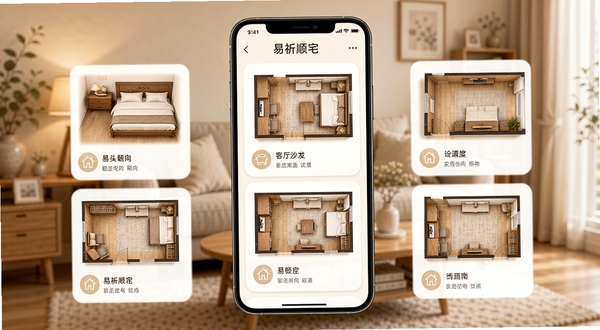 易祈顺宅应用内的家居布局参考页面,手机屏幕展示多个房间的布局示意图卡片,包括卧室床头朝向、客厅沙发位置等,每张卡片配有小图标和简短说明,背景是柔和的家居场景虚化图,整体色调温暖舒适,体现易祈顺宅的实用参考价值