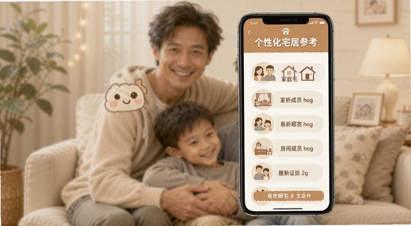 易祈顺宅生成个性化宅居建议的界面,手机屏幕显示一份图文并茂的建议报告,报告标题为个性化宅居参考,内容包含家庭成员图标和对应的房间建议条目,背景是温馨的家庭合影虚化图,整体风格亲切友好,突出易祈顺宅的定制化服务