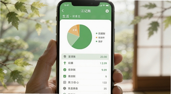 和风生活app内记账界面截图,清新绿色调,手机屏幕展示饼状图与列表,背景虚化