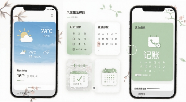 和风生活app主界面展示,简约卡片式布局,包含天气、日程、记账入口,白色背景配浅绿点缀