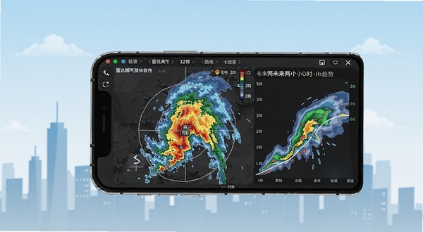 雷达瞬测天气软件主界面展示,手机屏幕中显示着色彩丰富的雷达回波图与未来两小时降水趋势曲线,背景是简洁的城市剪影与淡蓝色天空,整体风格科技感与生活化结合