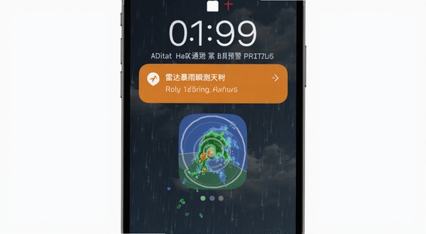 雷达瞬测天气气象预警推送通知截图,手机锁屏界面显示一条橙色暴雨预警弹窗,下方有雷达瞬测天气图标,背景是暗色天空与雨滴效果