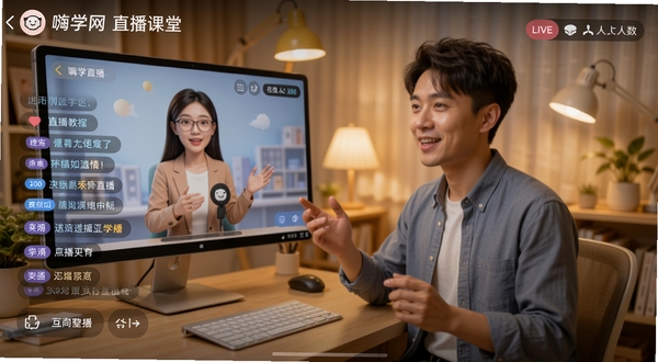 嗨学网直播课堂场景,讲师在虚拟直播间授课,屏幕旁有弹幕互动区与在线人数显示,画面采用暖色调,突出学习氛围,手机界面元素自然融入,适合展示直播教学功能
