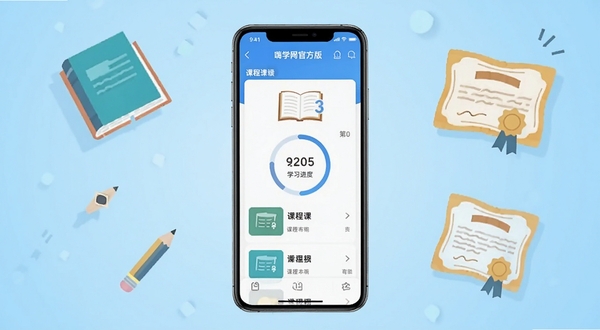 嗨学网官方版主界面全貌展示,手机屏幕居中放置于浅蓝色渐变背景中央,屏幕内呈现课程列表与学习进度环,周围点缀书本、铅笔、证书等扁平化学习元素,画面明亮简洁,适合作为软件下载站头图,整体风格清新专业