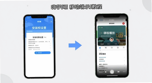 嗨学网移动端使用教程示意图,手机屏幕展示安装权限设置界面与课程播放界面并排,背景为浅灰色,配有箭头指示操作步骤,风格简洁直观,适合作为教程配图