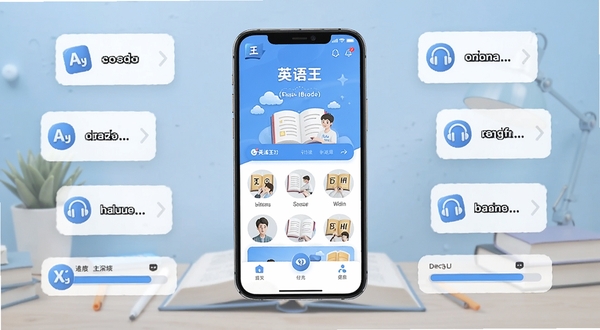 英语王软件主界面全貌展示,画面中央是英语王App的首页UI,背景为淡蓝色渐变学习场景,周围环绕单词卡片、耳机图标和进度条元素,整体风格清新简洁,适配Boogu模型生成