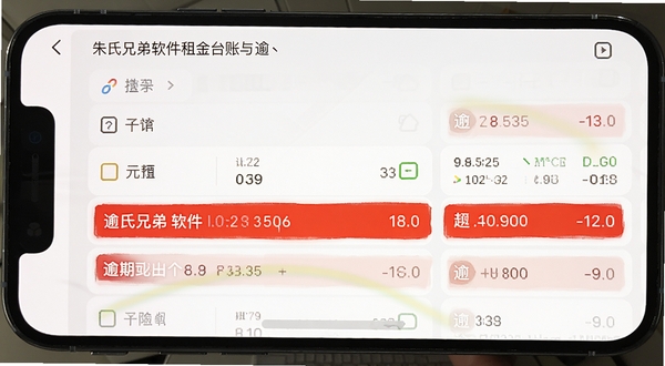 朱氏兄弟软件租金台账与逾期预警功能界面截图,手机屏幕显示彩色数据列表,逾期条目以红色高亮标注,背景为白色简洁卡片式布局,画面风格偏向实用工具类应用展示