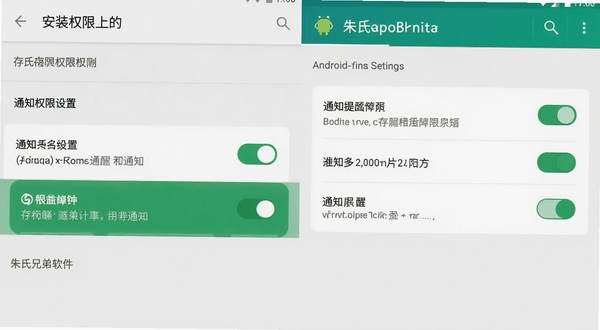 朱氏兄弟软件在安卓手机上的安装权限设置与通知提醒界面示意图,画面展示手机设置页面中存储权限和通知权限的开启状态,背景为浅灰色系统界面,风格清晰直观