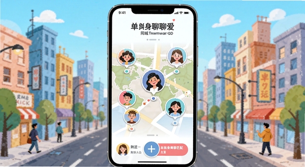 单身聊聊爱同城匹配界面,地图上散布着用户头像气泡,背景是城市街道插画,色调明亮活泼,突出附近的人功能