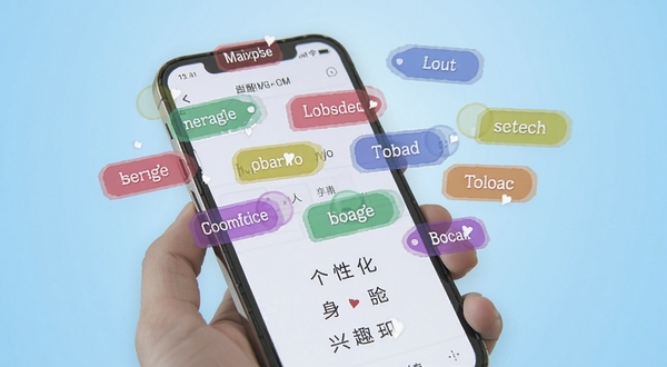 单身聊聊爱兴趣标签选择页面,各种彩色标签漂浮在手机屏幕上方,背景是浅蓝色渐变,突出个性化匹配功能