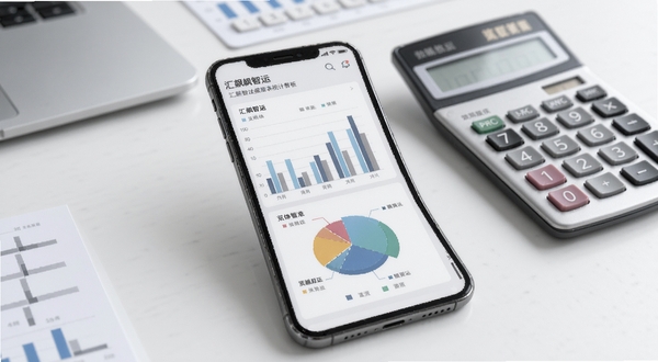 汇飙智运数据报表统计看板,画面中心为手机屏幕显示柱状图与饼状图,背景区域为简约的办公桌面与计算器,风格商务清晰,色调柔和