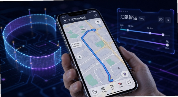 汇飙智运车辆轨迹回放功能示意图,画面主体为手机屏幕显示地图上的行驶路线线条,背景区域为虚拟的电子围栏与时间轴控件,科技感十足,蓝紫色调
