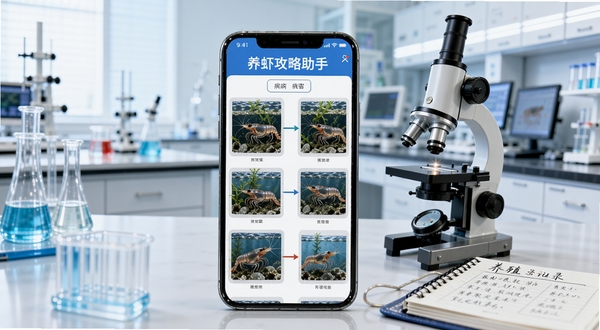 养虾攻略助手病害防治功能展示,画面为手机屏幕显示虾病症状对比图库,屏幕旁边放置显微镜和养殖记录本,背景为实验室环境,光线明亮,突出软件名称养虾攻略助手在屏幕顶部