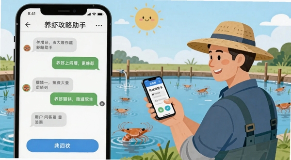 养虾攻略助手用户问答场景插画,画面左侧为手机屏幕显示问答界面,右侧为养殖户在虾塘边使用手机查看信息的半身像,背景为晴朗的户外虾塘,整体风格扁平化插画,突出软件名称养虾攻略助手
