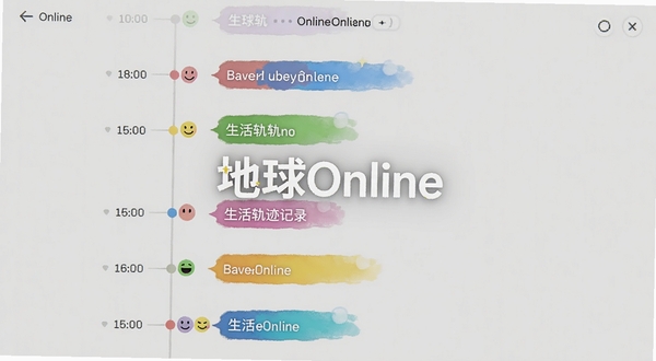地球Online 生活轨迹记录界面,时间轴纵向排列,各节点带有心情图标和彩色标签,背景为淡灰色极简风格,屏幕中显示地球Online字样
