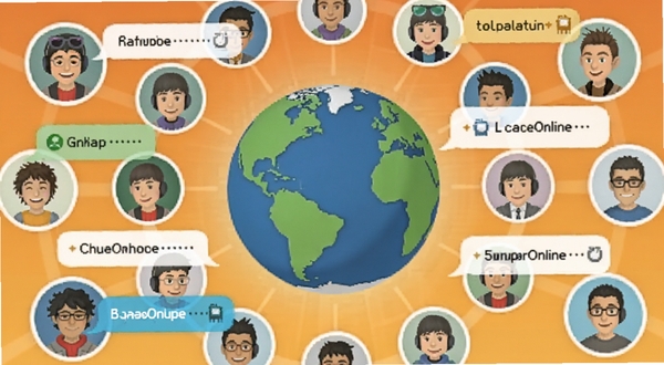 地球Online 虚拟社交广场界面,多个圆形头像围绕中央地球排列,气泡对话框显示问候语,背景为暖橙色渐变,整体氛围轻松愉快