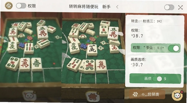 转转麻将随便玩新手设置界面截图,展示权限开关与画质选项,背景为浅色手机界面