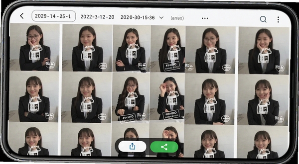 考勤打卡水印相机批量拍摄与相册管理界面,画面展示手机屏幕内网格状排列的多张带水印考勤照片,顶部有日期筛选栏,底部有导出与分享按钮,整体布局整洁高效