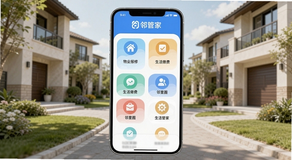 邻管家APP主界面展示,手机屏幕中央呈现社区服务功能模块图标,包括物业报修、生活缴费、邻里圈等入口,背景为温馨的现代小区场景,画面明亮整洁,突出邻管家品牌标识,适合Boogu模型生成