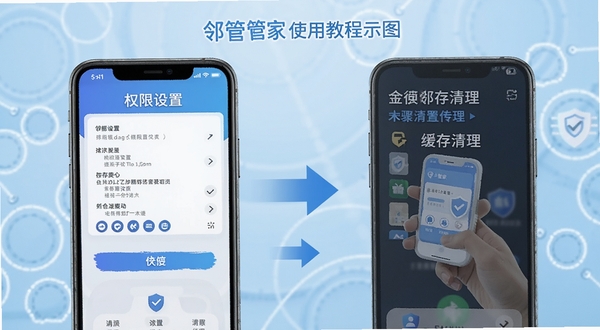 邻管家使用教程示意图,手机屏幕展示权限设置和缓存清理步骤,画面有箭头指引,背景为浅蓝色科技风格,突出邻管家操作便捷性
