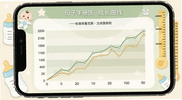 母子手册医生成长曲线记录页面,手机屏幕展示婴儿身高体重头围的折线图,曲线呈现上升趋势并标注标准范围参考线,界面采用柔和的绿色与米色搭配,背景有卡通婴儿、奶瓶、身高尺等元素,整体风格清新可爱,适合育儿类应用功能截图