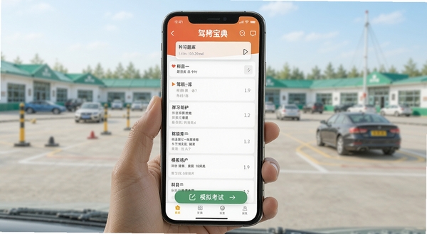驾考宝典APP主界面展示,手机屏幕中呈现科目一题库列表与模拟考试入口,背景为驾校训练场虚化场景,画面明亮清晰,突出学习氛围