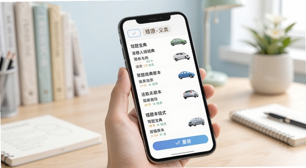 驾考宝典错题本功能展示,手机屏幕中错题列表整齐排列,旁边有分类标签和重做按钮,背景为柔和的浅色学习环境