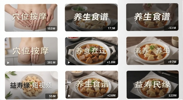 益寿缘短视频列表页面,手机屏幕上排列着多个养生短视频封面,封面有“穴位按摩”“养生食谱”等字样,每个封面都有播放时长标注,背景是干净的白色与浅灰色搭配,风格简洁清晰