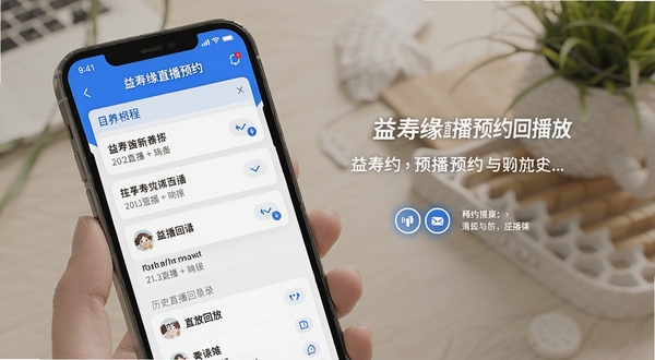 益寿缘直播预约与回放功能界面,手机屏幕显示着已预约的直播日程列表,以及历史直播回放记录,界面设计简洁,以蓝色和白色为主色调,突出功能性与易用性