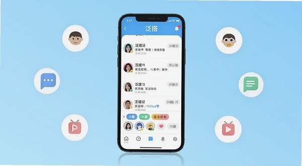 泛搭社交应用主界面展示 手机屏幕中央显示泛搭APP的聊天列表与兴趣标签 背景为浅蓝渐变 周边环绕简约图标元素 扁平化设计风格 高清渲染