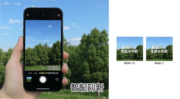 免费水印AI相机AI智能水印适配功能展示图,画面中一部手机正在拍摄户外风景,屏幕内水印文字自动变为白色描边并置于右下角,背景是蓝天绿树,主体手机位于画面左侧三分之一处,右侧留白区域展示水印调整前后对比小图