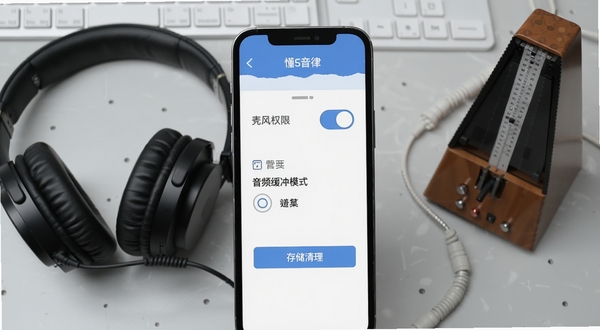 懂音律设置界面与权限管理页面示意图,手机屏幕展示麦克风权限开关、音频缓冲模式选项、存储清理按钮,界面风格简洁扁平化,背景为浅灰色工作台场景,旁边放置一副耳机和一台节拍器实物,突出实用教程氛围