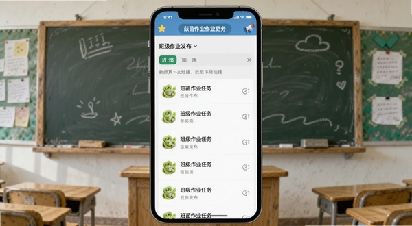豆苗作业管理软件界面中教师发布作业任务列表截图,手机屏幕显示班级作业发布页面,背景为教室黑板风格
