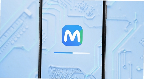 M浏览器轻量内核启动界面展示,手机屏幕中央显示M浏览器Logo与加载进度条,背景为淡蓝色渐变科技感纹理