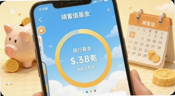 晴蓄值储蓄目标进度追踪界面,手机屏幕中显示一个圆环进度条,标注“旅行基金”目标金额与当前已存金额,背景有存钱罐和日历元素,色调温暖明亮,突出目标管理功能,画面需体现晴蓄值软件名称