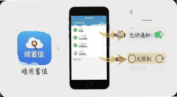 晴蓄值安装设置与权限管理示意图,手机屏幕显示应用权限列表和电池优化界面,旁边有箭头指向“允许通知”和“无限制”选项,背景为浅灰色,风格教程化,画面需包含晴蓄值图标