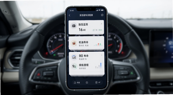 安吉星车况检测界面示意图,手机屏幕显示胎压监测、机油寿命、续航里程等数据卡片,背景为汽车仪表盘虚化效果,科技感强,信息清晰