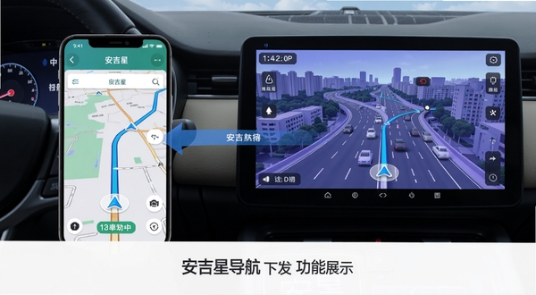 安吉星导航下发功能展示图,手机端地图界面与车载中控屏同步显示导航路线,背景为城市道路俯视图,蓝紫色调,突出无缝衔接体验