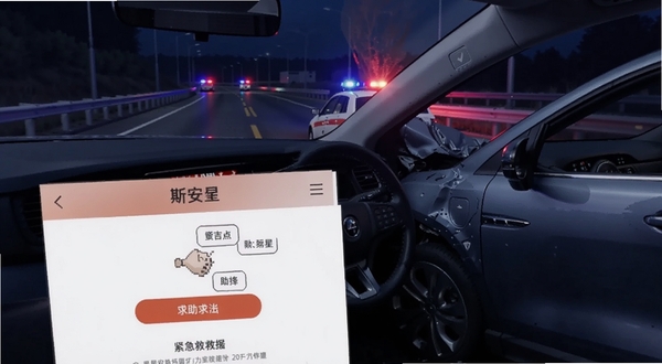 安吉星紧急救援服务场景图,画面展示车辆碰撞后系统自动弹出求助界面,背景为夜间道路与闪烁警示灯,色调偏冷,突出安全守护主题
