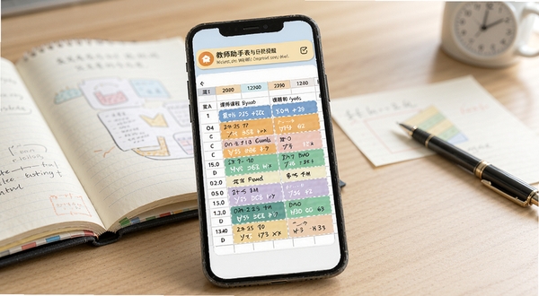 教师助手课程表与日程提醒功能展示,手机屏幕显示一周课程安排表格,不同科目用不同颜色标注,顶部有提醒通知横幅,背景为教师办公桌,有教案本和笔,整体风格清新实用