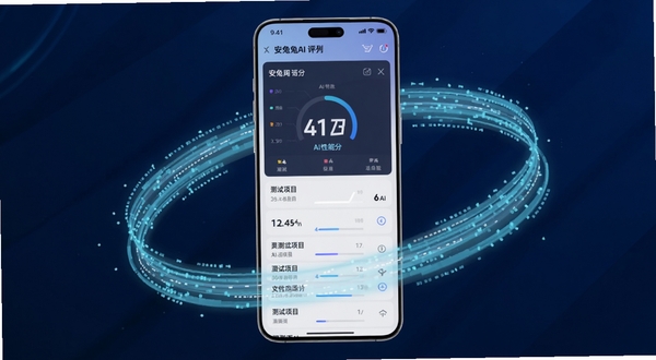 安兔兔AI评测软件界面全貌展示,手机屏幕中央显示AI性能跑分结果,背景为深蓝色科技感渐变,画面主体为一部居中放置的智能手机,屏幕内呈现安兔兔AI评测的评分图表与测试项目列表,周围环绕淡蓝色数据流线条,整体风格简洁专业,适配Boogu模型生成