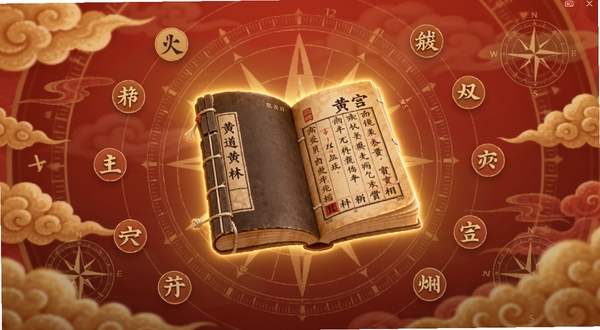 黄道吉日老黄历软件主界面全景展示,画面中央悬浮一本发光的古典线装黄历,背景是柔和的中国红与金色祥云纹理,四周点缀着二十四节气小图标和若隐若现的罗盘刻度,整体风格古朴典雅,符合Boogu模型的高清细腻画质,画面比例适配手机屏幕,光线温暖柔和