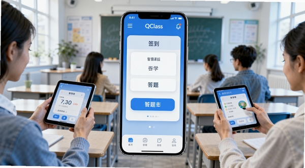 QClass 智慧课堂互动界面展示,手机屏幕居中显示签到与答题面板,背景为明亮教室环境,师生手持设备参与互动,整体色调清新科技蓝