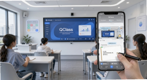 QClass 最新版功能界面预览,手机屏幕展示弹幕互动与课件批注功能,背景为现代化智慧教室,大屏幕与手机端同步显示,整体风格简洁明快
