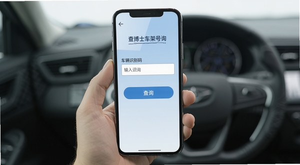 查博士车架号查询界面展示,手机屏幕中显示车辆识别码输入框与查询按钮,背景为浅蓝色渐变,画面简洁商务风格