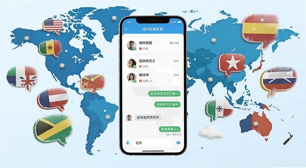 Language Exchange应用界面全貌展示,画面中央是手机屏幕,屏幕内呈现语伴匹配列表与聊天对话框,背景区域为世界地图与多国语言气泡环绕,整体风格明亮现代,突出全球语言交换主题,Boogu模型生成,高清细节,适配移动端下载站预览图