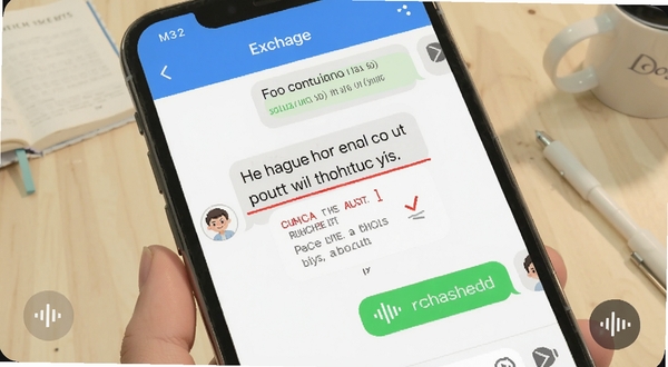 Language Exchange实时纠错功能场景,画面展示手机聊天界面中一段英文句子被红色下划线标注并附有修改建议,旁边有语音波形图标,背景为简洁的浅色学习桌面,风格清新,突出互动学习氛围,Boogu模型生成