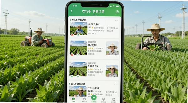 农巧手农事记录功能界面,手机屏幕显示多条带照片的农事日志条目,背景为绿油油的农田,画面明亮清晰,体现数字化农业管理场景